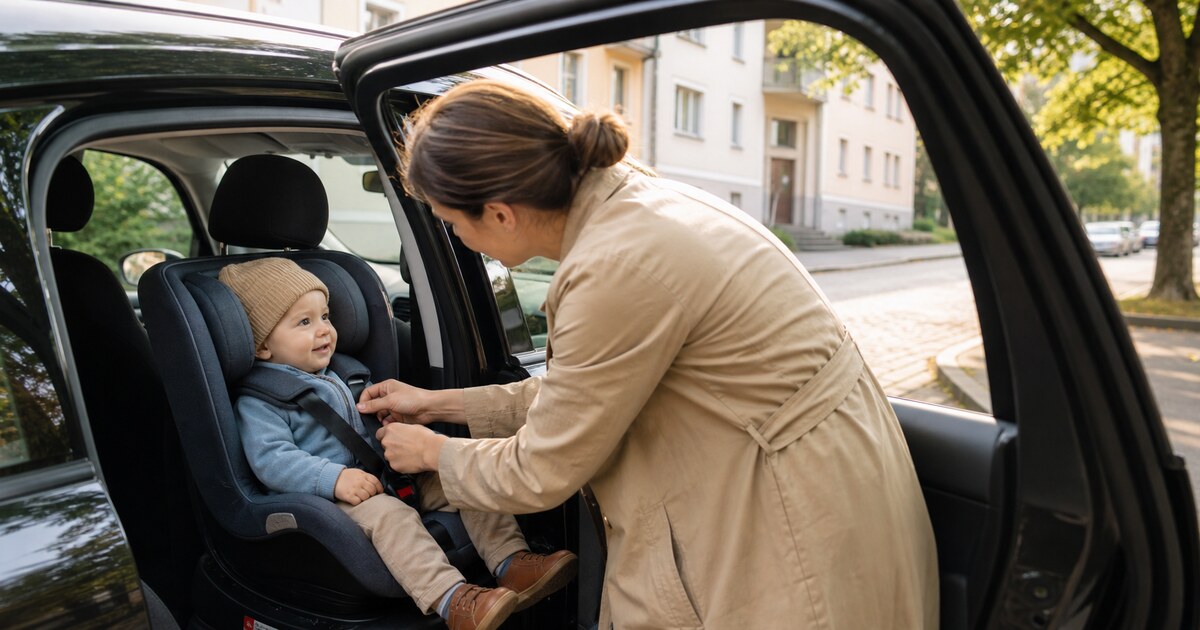 Rodič bezpečne pripútava dieťa v autosedačke vo vozidle taxislužby